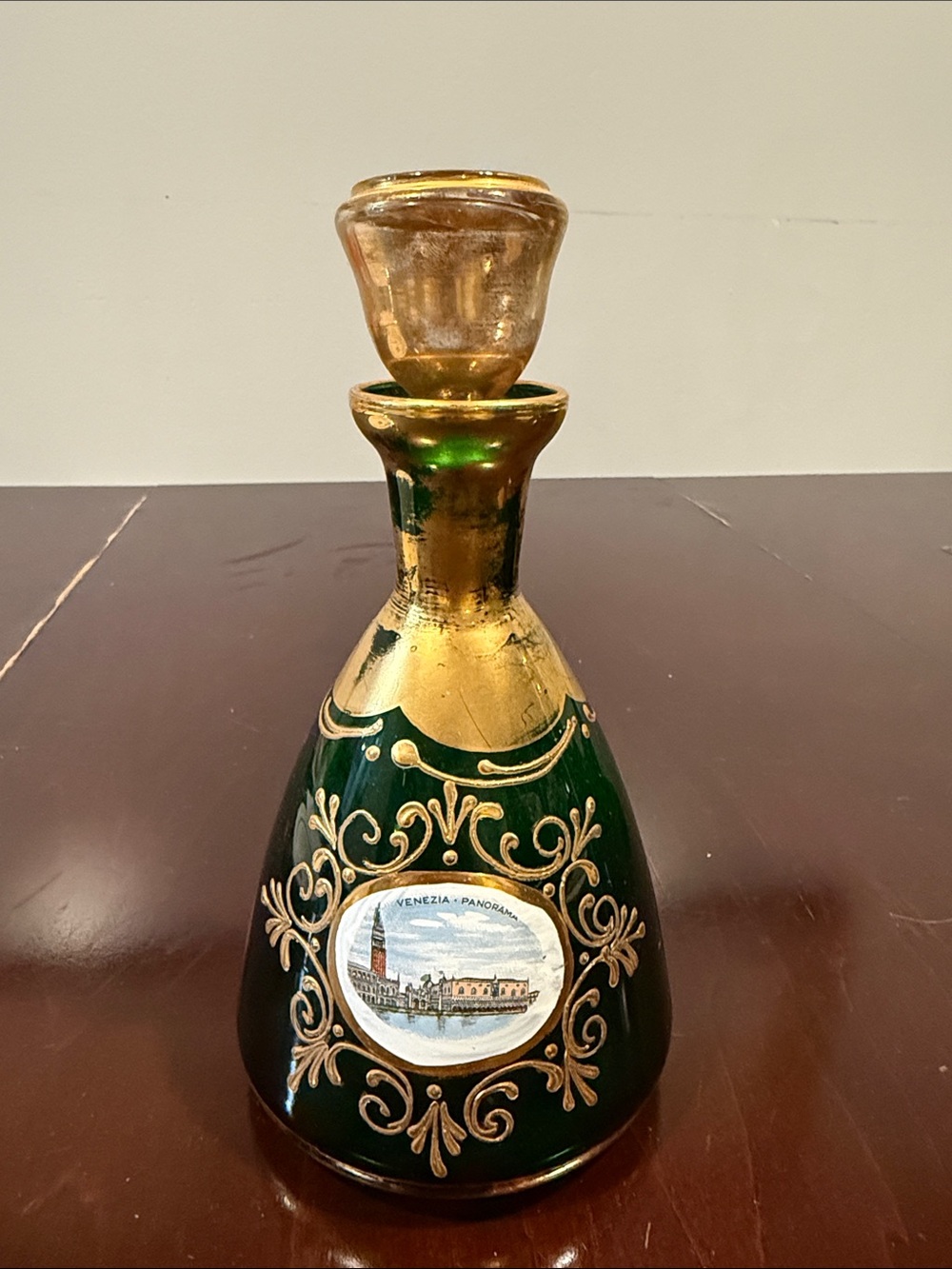 Vintage Genuine Bohemia Green Glass & Gold Hand painted Decanter & Stopper